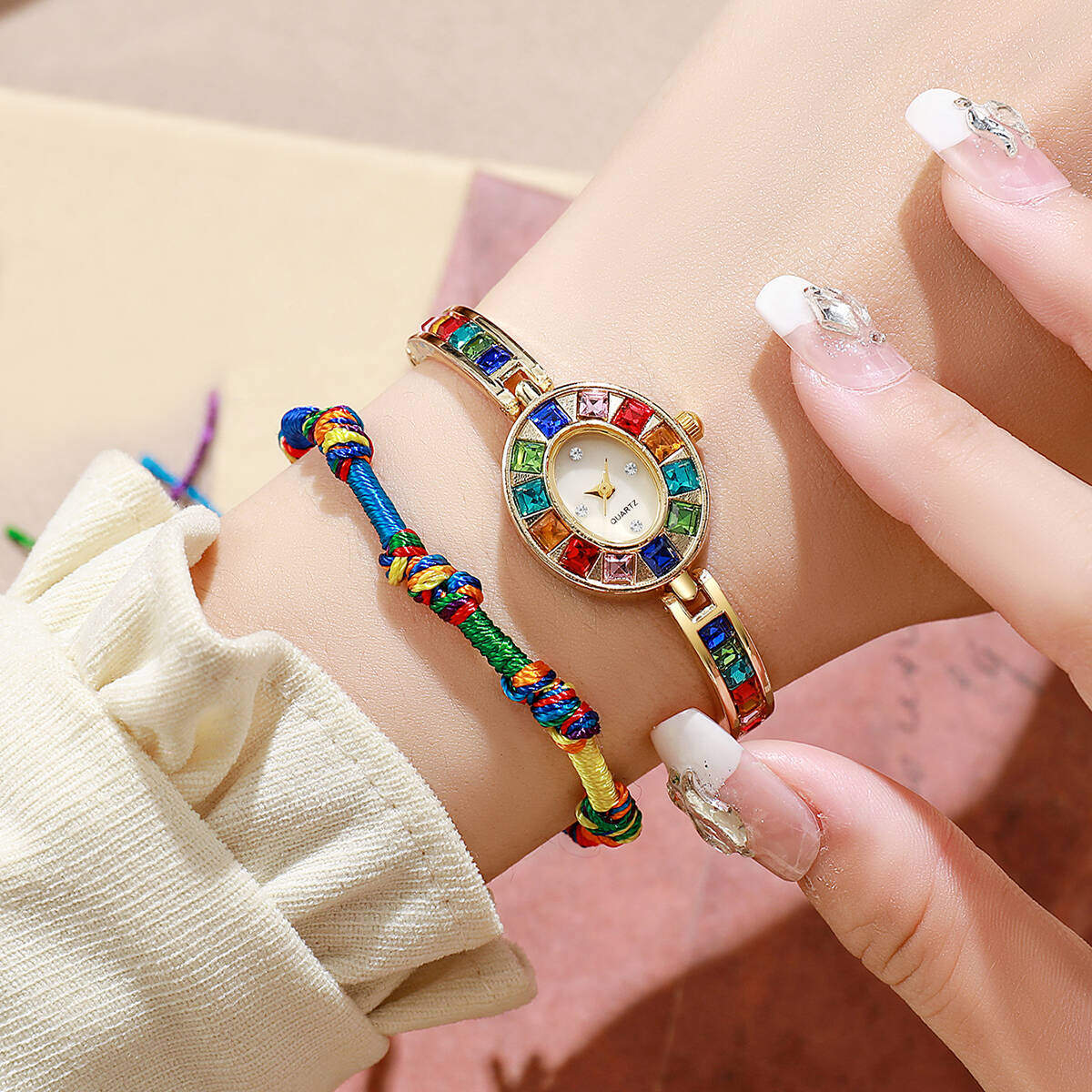 Luxury Watch Deals - 2 ピース/セット高級ラインストーン女性用腕時計ファッションブレスレットバンドクォーツ時計ロープブレスレットセット Reloj Mujer（箱なし）