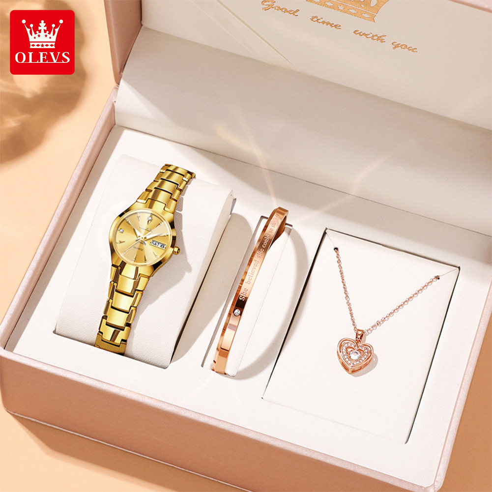 Luxury Watch With Bracelet - OLEVSレディース腕時計8697高級エレガントクォーツ腕時計防水タングステン鋼デイデイト腕時計女性用腕時計ブレスレットセット