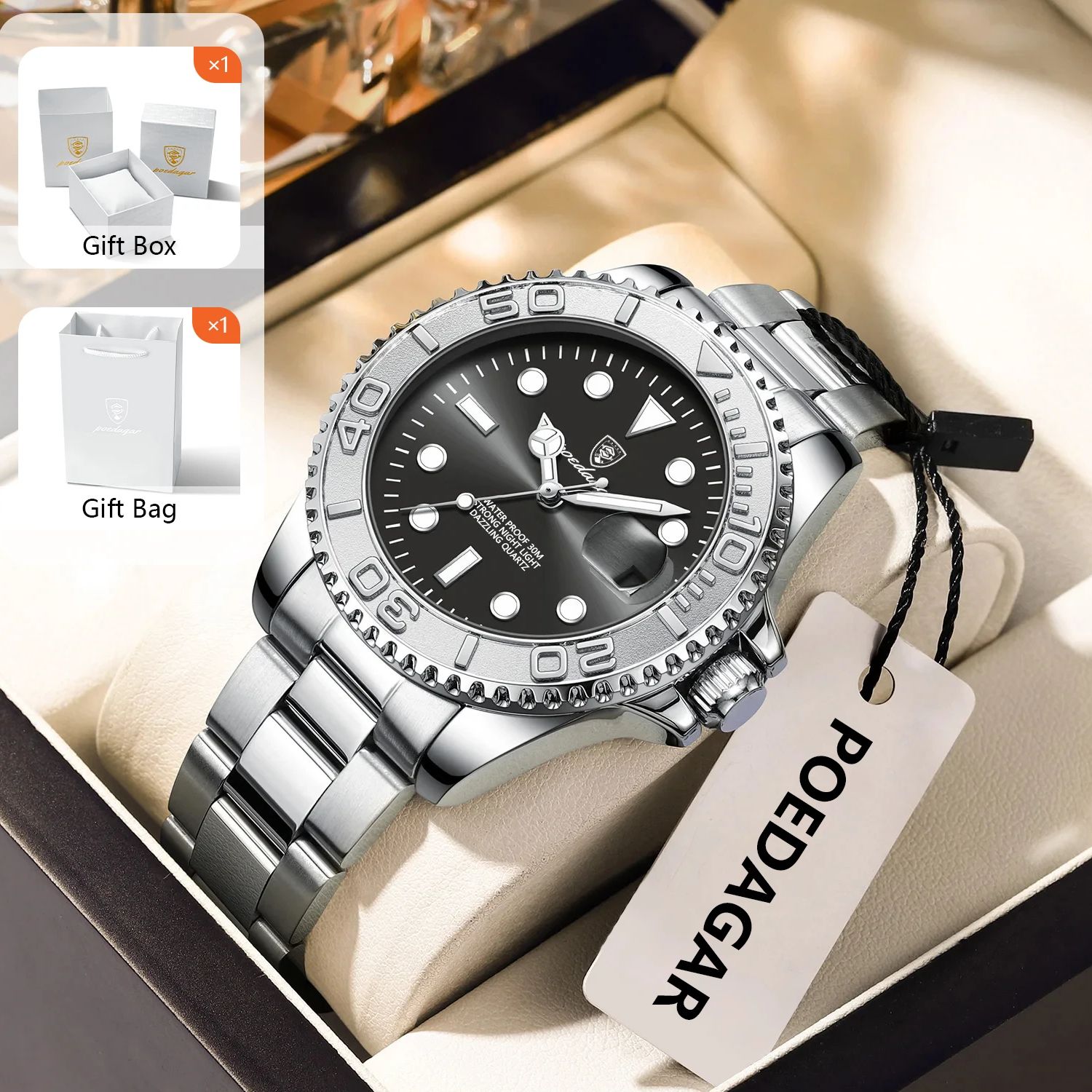 Luxury Watch With Bracelet - POEDAGAR トレンディなスポーツマンウォッチ発光防水ステンレス鋼日付メンズ腕時計高級ビジネスメンズクォーツ時計 + ボックス