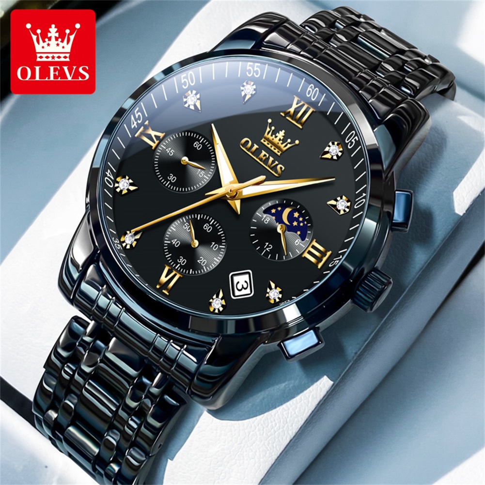 Luxury Watch Men - OLEVS 人気のメンズ腕時計ステンレススチールブラックムーンフェイズクロノグラフクォーツ時計男性日付オリジナルブランド腕時計