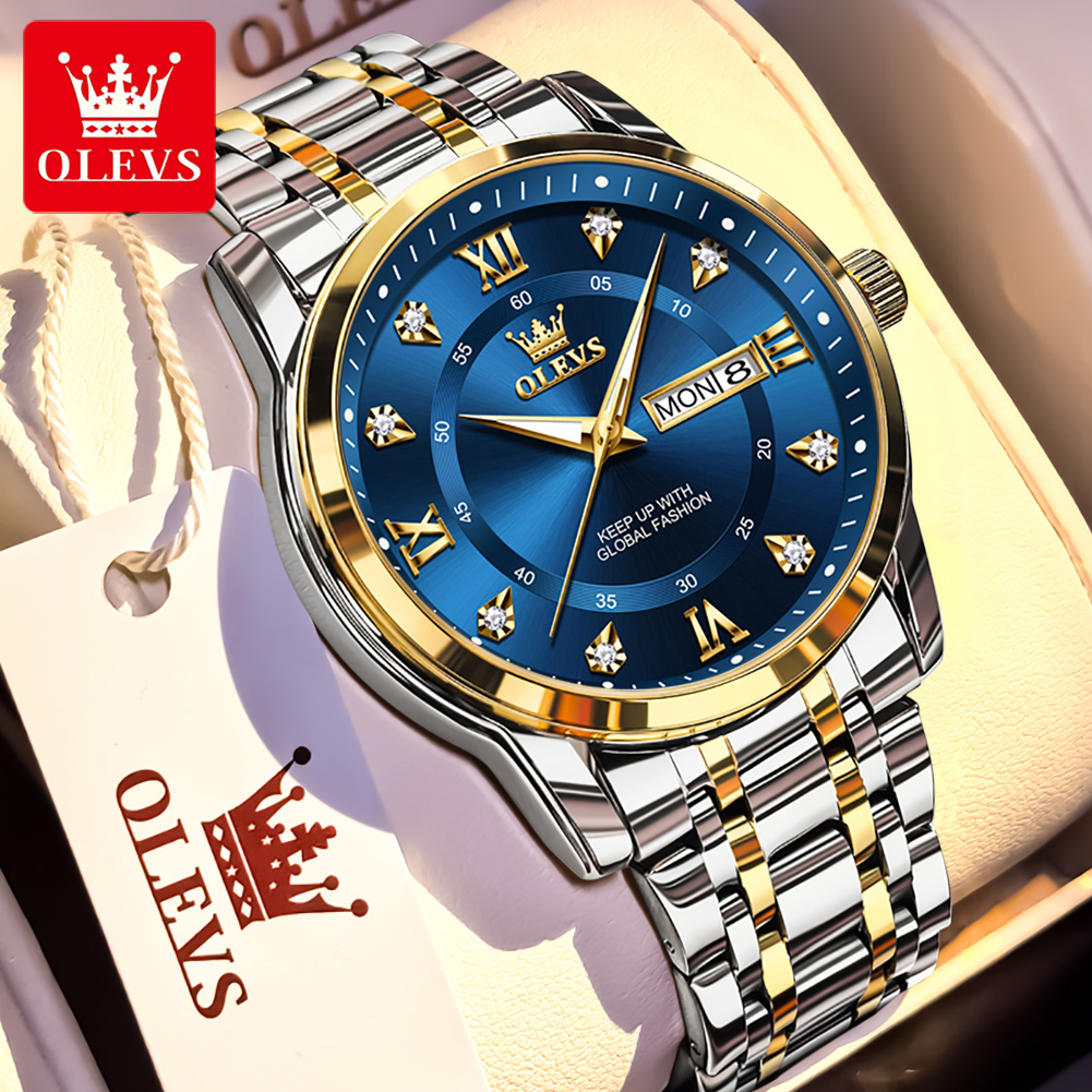 Luxury Watch Men - OLEVS ブランドファッションメンズ腕時計ステンレス鋼防水クォーツ腕時計発光オリジナル腕時計男性用デュアルカレンダー