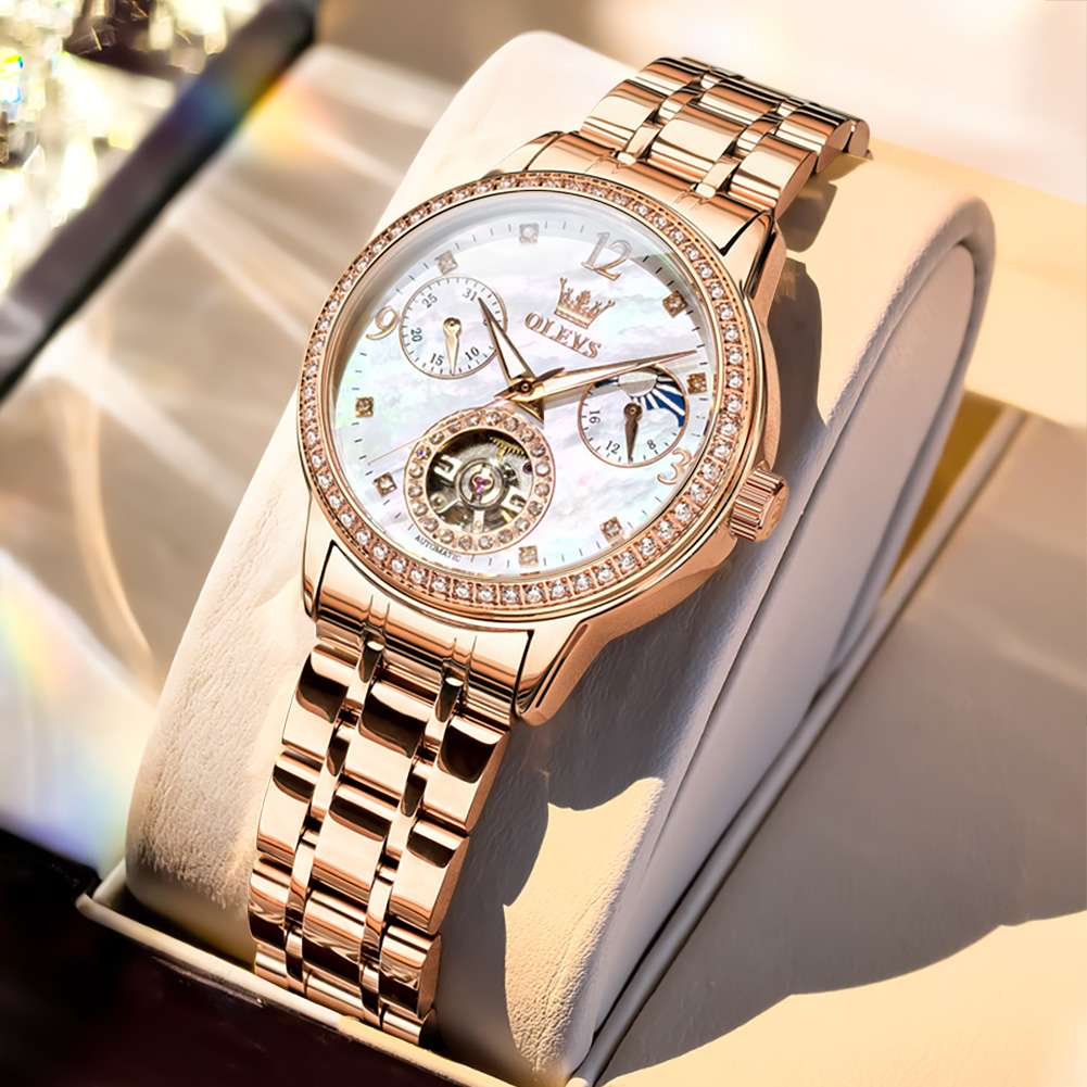 Luxury Watch With Bracelet - OLEVS 女性用腕時計トップブランドの高級ファッションファインスチールオリジナル自動機械式腕時計ネックレスブレスレットギフトボックス