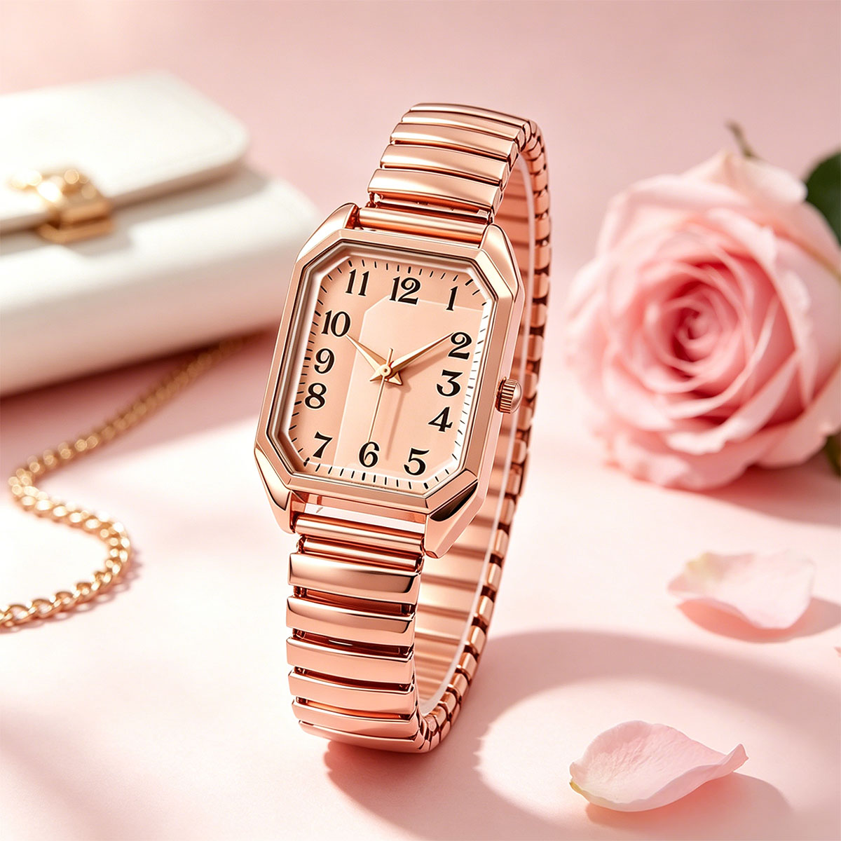 Luxury Watch Deals - 女性用八角形長方形クォーツ時計ツートーンストレッチメタルバンドミニマリストレディースアナログ腕時計