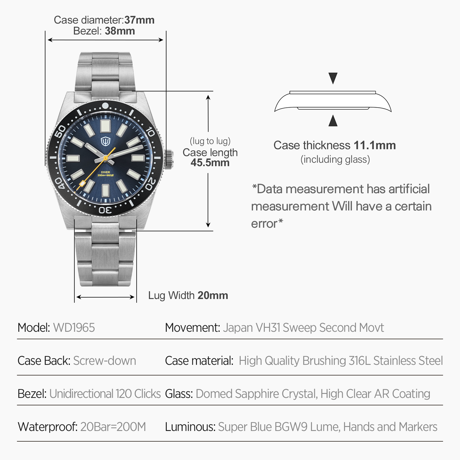 Watchdives 37 ミリメートル WD1965 V2 - Luxury Watch With Bracelet のレビューと価格