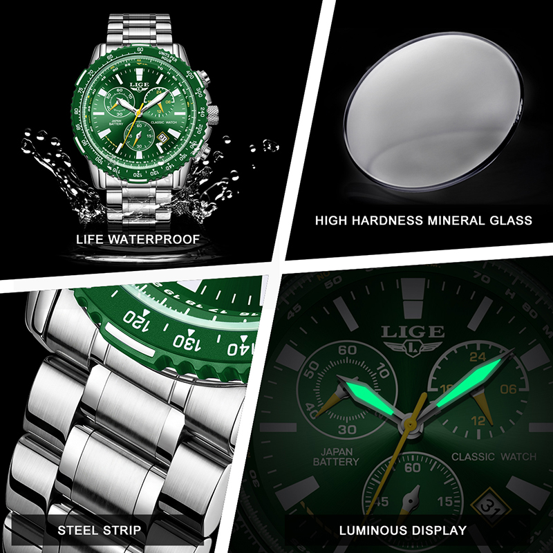 LIGE 新グリーンビッグダイヤル腕時計メンズトップブランド - Luxury Watch With Green Dial のレビューと価格