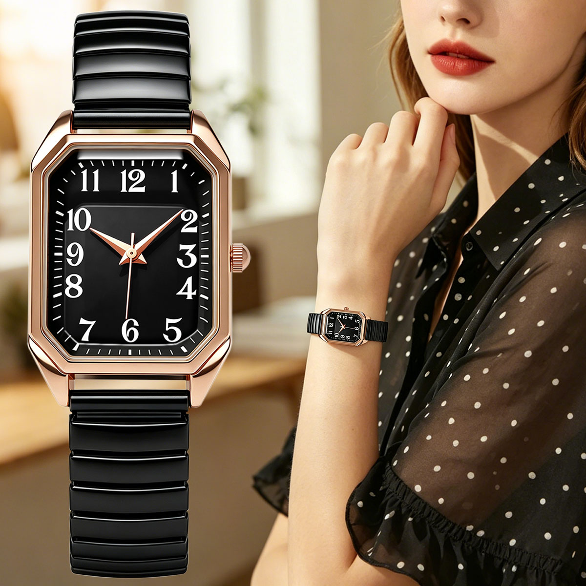 女性用八角形長方形クォーツ時計ツートーンストレッチメタルバン - Luxury Watch Deals のレビューと価格