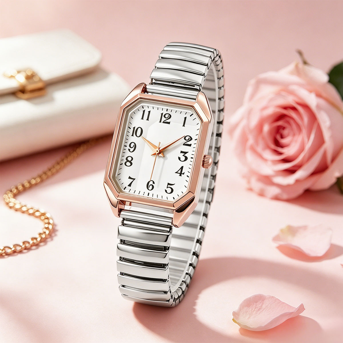 女性用八角形長方形クォーツ時計ツートーンストレッチメタルバン - Luxury Watch Deals のレビューと価格