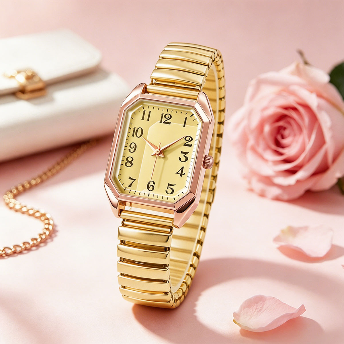 女性用八角形長方形クォーツ時計ツートーンストレッチメタルバン - Luxury Watch Deals のレビューと価格